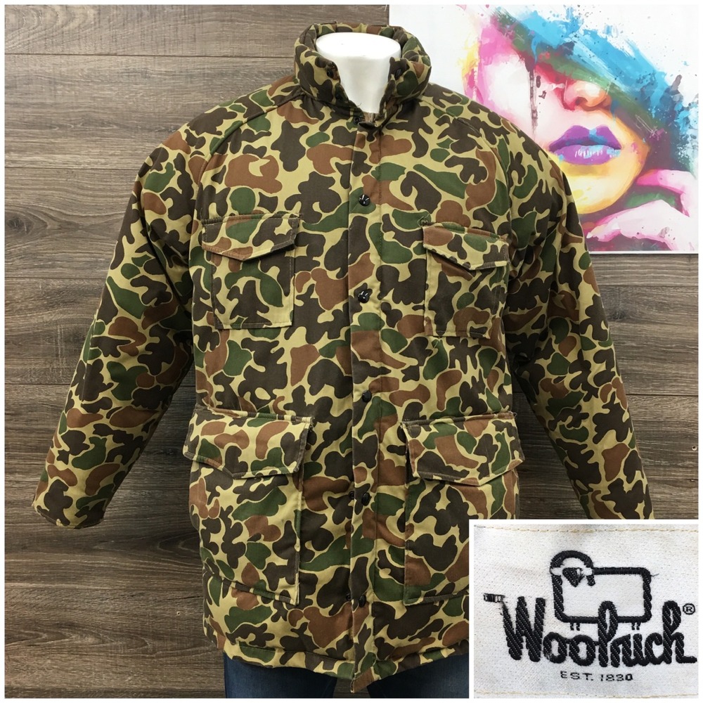 Woolrich Mens Vintage Camo Down Puffer Jacket Duck Hunter Camouflage Parka L